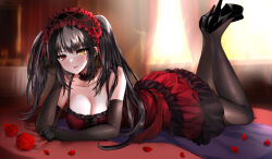 Rule 34 | 1girl, arm support, bare shoulders, black choker, black footwear, black gloves, black pantyhose, blurry, blurry background, blush, bow, breasts, choker, cleavage, collarbone, commentary request, date a live, dress, elbow gloves, eyelashes, eyes visible through hair, fishnet gloves, fishnet pantyhose, fishnets, flower, frilled choker, frilled dress, frills, full body, gloves, gothic lolita, hair between eyes, heterochromia, high heels, indoors, knees apart feet together, large breasts, lolita fashion, long hair, looking at viewer, lying, mafuyu (kanden shoujyo), on bed, on stomach, open mouth, pantyhose, petals, red bow, red dress, red eyes, red flower, red headwear, red rose, rose, rose petals, seductive smile, short dress, sleeveless, sleeveless dress, smile, solo, the pose, tokisaki kurumi, twintails, v-shaped eyebrows, yellow eyes