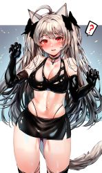 Rule 34 | 1girl, ?, absurdres, ahoge, animal ears, bare shoulders, black choker, black gloves, black shirt, black skirt, black thighhighs, blush, bow, breasts, cat ears, cat girl, cat tail, choker, claw pose, cleavage, collarbone, cowboy shot, crop top, elbow gloves, gloves, gradient hair, hair bow, hands up, highleg, highres, large breasts, latex, latex gloves, long hair, looking at viewer, microskirt, midriff, miniskirt, multicolored hair, navel, open mouth, original, red eyes, shirt, side slit, silver hair, skindentation, skirt, sleeveless, sleeveless shirt, solo, spoken question mark, standing, stomach, sweat, tail, thighhighs, thighs, zerocat, zettai ryouiki