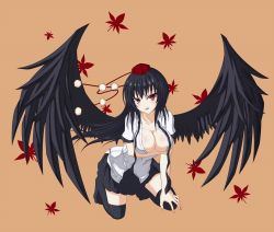 Rule 34 | 1girl, :q, alternate hairstyle, black hair, black wings, blush, breast hold, breast lift, breasts, cleavage, female focus, gmot, hat, highres, kneeling, large breasts, large wings, leaning forward, licking lips, long hair, looking at viewer, naughty face, open clothes, open shirt, red eyes, shameimaru aya, shirt, simple background, skirt, slit pupils, smile, solo, thighhighs, tokin hat, tongue, tongue out, touhou, undressing, wings