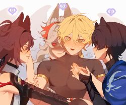 Rule 34 | 4boys, aether (genshin impact), ahoge, anger vein, animal ear fluff, animal ears, antenna hair, arm armor, arm up, bandaged arm, bandages, bare shoulders, black bow, black choker, black hair, black hairband, black shirt, blue vest, blunt ends, blush, bow, braid, brown hair, brown shirt, buttons, cat ears, choker, closed mouth, collarbone, earrings, fingernails, fox ears, genshin impact, gradient background, green eyes, grey background, grey hair, grey vest, hair between eyes, hair bow, hairband, hand up, hands up, harem, highres, holding, holding another&#039;s arm, hug, hug from behind, jewelry, kaedehara kazuha, lips, long hair, looking at another, looking away, male focus, male harem, mandarin collar, multiple boys, musical note, nervous, no headwear, numbered, official alternate costume, open clothes, open mouth, open vest, ponytail, purple eyes, red eyes, red hair, ring, ringed eyes, scaramouche (genshin impact), shaded face, shadow, shikanoin heizou, shirt, short hair, short ponytail, short sleeves, sidelocks, single earring, sleeveless, sleeveless shirt, smile, sn jiho, standing, sweat, sweatdrop, teeth, vest, wanderer (genshin impact), white background, yaoi, yellow eyes