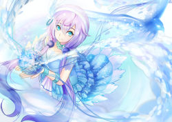 Rule 34 | 1girl, absurdres, bird, blue dress, blue eyes, blue hair, dress, fantasy, feathers, gradient background, headband, highres, looking at viewer, matching hair/eyes, mr. j.w, original, purple hair, solo, twintails