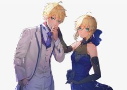 Rule 34 | 1boy, 1girl, ahoge, arthur pendragon (fate), arthur pendragon (white rose) (fate), artoria pendragon (all), artoria pendragon (fate), bare shoulders, black gloves, blonde hair, blue dress, blue ribbon, braid, breasts, buttons, cleavage, closed mouth, collarbone, commentary, cross, dress, elbow gloves, excalibur (fate/stay night), expressionless, fate/grand order, fate/prototype, fate/stay night, fate (series), formal, french braid, gloves, green eyes, grey background, hair between eyes, hair ribbon, halterneck, hanato (seonoaiko), hand in pocket, hand on hilt, hetero, holding hands, jacket, kiss, kissing hand, latin cross, long sleeves, looking at viewer, looking to the side, necktie, official alternate costume, open clothes, open jacket, pants, purple neckwear, ribbon, saber (fate), saber (lapis lazuli dress) (fate), see-through, see-through cleavage, shade, shirt, short hair, sidelocks, simple background, sleeveless, sleeveless dress, small breasts, standing, suit, sword, tie clip, twitter username, waistcoat, weapon, white pants, white shirt, white suit