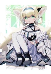 Rule 34 | 1girl, animal ears, arknights, black footwear, blonde hair, blue hairband, blue skirt, blush, braid, braided hair rings, breasts, closed mouth, coat, commentary, earpiece, fox ears, fox girl, fox tail, frilled coat, frilled skirt, frills, full body, green eyes, hair rings, hairband, id card, infection monitor (arknights), knees to chest, leotard, looking at viewer, material growth, medium hair, mtk (souko), multicolored hair, multiple tails, oripathy lesion (arknights), pantyhose, shoes, signature, sitting, skirt, small breasts, smile, solo, suzuran (arknights), tail, torn clothes, torn pantyhose, two-tone hair, white coat, white hair, white leotard, white pantyhose