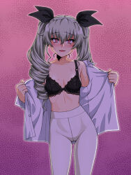 Rule 34 | 1girl, anchovy (girls und panzer), anzio school uniform, black bra, blush, bra, breasts, collarbone, drill hair, girls und panzer, green hair, hair ribbon, lingerie, long hair, looking at viewer, oosaka kanagawa, open mouth, pantyhose, pink background, ribbon, school uniform, shirt, simple background, small breasts, smile, solo, sweat, twin drills, underwear, undressing, white pantyhose, white shirt