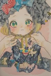 Rule 34 | 1girl, 1other, animal print, black hair, blonde hair, blush, bonnet, bow, butterfly print, commentary request, food-themed hair ornament, frills, gradient hair, green eyes, hair bow, hair ornament, highres, japanese clothes, kimono, lolita fashion, looking at viewer, multicolored hair, nanakami mana, obi, original, own hands together, painting (medium), pov, pov hands, print kimono, sash, seiza, sitting, strawberry hair ornament, traditional media, tying, wa lolita, watercolor (medium)