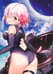 Rule 34 | 1girl, :d, absurdres, ahoge, armor, ass, back, back cutout, bare shoulders, black gloves, black leotard, blue sky, blush, breasts, clothing cutout, cloud, cowboy shot, day, dutch angle, elbow gloves, fallstreak hole, fate/grand order, fate (series), flower, from side, gloves, gorget, hair between eyes, hair flower, hair ornament, halterneck, happy, head tilt, hibiscus, highres, holding, holding shield, leaning forward, leotard, looking at viewer, looking back, looking to the side, mash kyrielight, medium breasts, ocean, open mouth, outdoors, parted bangs, petals, purple eyes, red flower, revision, shield, short hair, sideboob, sky, smile, solo, splashing, standing, tareme, thigh strap, thighs, umakuchi shouyu, water, water drop, wet, white hair