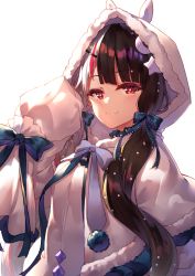 Rule 34 | 1girl, absurdres, black hair, blue bow, blush, bow, capelet, closed mouth, crescent, crescent hair ornament, dress, fur-trimmed capelet, fur-trimmed hood, fur trim, grey hair, hair bow, hair ornament, hairclip, hand up, highres, hood, hood up, hooded capelet, long hair, long sleeves, looking at viewer, low twintails, multicolored hair, nijisanji, red eyes, red hair, simple background, sleeves past fingers, sleeves past wrists, smile, solo, split-color hair, star (symbol), star hair ornament, streaked hair, twintails, two-tone hair, very long hair, virtual youtuber, white background, white capelet, white dress, yorumi rena, yorumi rena (3rd costume), yuuki nao (pixiv10696483)