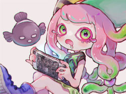 Rule 34 | 1girl, baseball cap, black shirt, chromatic aberration, clownfish, colored eyelashes, drooling, fish, frown, gradient hair, green eyes, green hair, green skirt, handheld game console, harmony&#039;s clownfish (splatoon), harmony (splatoon), hat, holding, holding handheld game console, long hair, low twintails, miniskirt, multicolored hair, nintendo, nintendo switch, no eyebrows, no nose, open mouth, pink hair, purple footwear, shirt, short sleeves, sideways hat, simple background, skirt, splatoon (series), splatoon 3, striped clothes, striped headwear, tebasaki (teba illust), tentacle hair, tropical fish, twintails, two-tone hair, white background