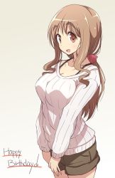 Rule 34 | 1girl, blush, breasts, brown eyes, brown hair, brown shorts, cleavage, commentary, highres, large breasts, long hair, looking at viewer, matsumoto yoriko, mel (melty pot), open mouth, red ribbon, ribbon, shorts, simple background, smile, solo, sweater, thick eyebrows, thighs, yuyushiki