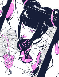 Rule 34 | 1girl, absurdres, cellphone, cherry, dessert, eyeshadow, food, from above, fruit, han juri, highres, ice, ice cream, ice cream float, ice cube, instagram, kaituburi, looking at viewer, makeup, mascara, monochrome, nail polish, phone, pink eyes, pink lips, pink nails, selfie, smartphone, smile, soda, solo, spoon, street fighter, tongue, tongue out, twintails