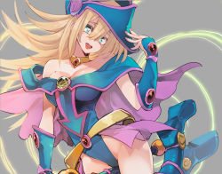 Rule 34 | 1girl, :d, bare shoulders, belt, blonde hair, blue eyes, blush stickers, boots, breasts, cape, choker, cleavage, curvy, dark magician girl, female focus, gem, groin, hat, hat tip, highleg, hip focus, hyocorou, large breasts, leotard, long hair, looking at viewer, magical girl, nail polish, off shoulder, open mouth, pentagram, pink nails, pink skirt, shiny skin, skirt, smile, solo, staff, vambraces, very long hair, wizard hat, yu-gi-oh!, yu-gi-oh! duel monsters