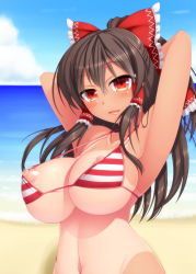 Rule 34 | 1girl, armpits, arms up, beach, bikini, bikini top only, blush, bottomless, breasts, brown hair, covered erect nipples, day, detached sleeves, female focus, hair tubes, hakurei reimu, highres, huge breasts, john (nakoto), large breasts, long hair, looking at viewer, nipple slip, nipples, o/, one-piece tan, open mouth, outdoors, outstretched arms, parted lips, puffy nipples, red eyes, shiny skin, skindentation, smile, solo, strap gap, striped bikini, striped clothes, swimsuit, tan, tanline, touhou, wardrobe malfunction, water