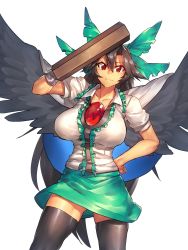 Rule 34 | 1girl, absurdres, arm cannon, arm up, bird wings, black hair, black thighhighs, black wings, bow, breasts, cape, cowboy shot, frills, green skirt, hair bow, hand on own hip, highres, large breasts, long hair, looking at viewer, melon22, miniskirt, puffy short sleeves, puffy sleeves, red eyes, reiuji utsuho, shirt, short sleeves, simple background, skirt, smile, solo, thighhighs, third eye, touhou, very long hair, weapon, white background, white shirt, wings, zettai ryouiki