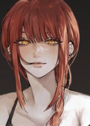 Rule 34 | 1girl, bare shoulders, black background, braid, chainsaw man, closed mouth, dark background, ear piercing, eyelashes, hair between eyes, highres, inuo (inuo x), long hair, looking at viewer, makima (chainsaw man), multiple piercings, piercing, portrait, red hair, side braid, sidelocks, solo, yellow eyes