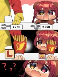 1girl 1other ? ?? animal_costume bear_costume blush fang food french_fries gloves harumina_mau heterochromia highres holding holding_food hololive houshou_kumarine houshou_marine long_hair official_alternate_costume open_mouth red_eyes red_hair red_shirt shirt virtual_youtuber yellow_eyes yellow_gloves yen