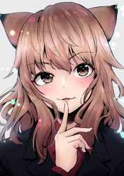 Rule 34 | 1girl, animal ears, brown eyes, brown hair, fernandia malvezzi, finger to mouth, highres, index finger raised, liar lawyer, light particles, lips, long hair, looking at viewer, open mouth, portrait, solo, strike witches: kurenai no majo-tachi, uniform, world witches series