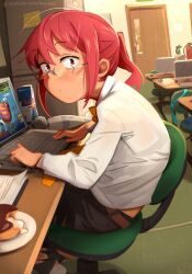 Rule 34 | 1girl, absurdres, arched back, black skirt, blush, chair, chocolate doughnut, commentary, computer, cream, desk, door, doughnut, elma (maidragon), english commentary, english text, fire extinguisher, food, from side, glasses, highres, holding, khyle., kobayashi-san chi no maidragon, kobayashi (maidragon), laptop, long sleeves, looking at viewer, office, office lady, paper, playing games, red bull, red eyes, red hair, sex toy, shirt, sitting, skirt, solo focus, sweatdrop, tohru (maidragon), under table, when you see it, white shirt