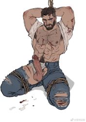 Rule 34 | 1boy, abs, arm hair, armpit hair, arms behind head, bara, bare pectorals, beard, blood, bound, bound wrists, character request, check character, check copyright, chest hair, clothes lift, copyright request, cuts, dark-skinned male, dark skin, erection, facial hair, hairy, horikwawataru, injury, kneeling, large pectorals, leg hair, looking at viewer, male focus, male pubic hair, male underwear, mature male, muscular, muscular male, navel, navel hair, nipples, original, pants, pectorals, penis, precum, pubic hair, rope, shirt behind neck, shirt lift, short hair, sideburns, solo, stomach, thick thighs, thighs, torn clothes, torn pants, uncensored, undercut, white male underwear