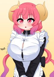 Rule 34 | 1girl, absurdres, apron, black dress, blush, breasts, bursting breasts, cowboy shot, curled horns, dress, gradient background, gradient hair, highres, horns, huge breasts, ilulu (maidragon), kobayashi-san chi no maidragon, maid, multicolored hair, open mouth, pink eyes, pink hair, pointy ears, purple hair, simple background, slit pupils, solo, standing, sweatdrop, the only shoe, two-tone hair, white apron, yellow background