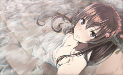 Rule 34 | 10s, 1girl, bad id, bad pixiv id, blurry, blush, breasts, brown eyes, cleavage, covered erect nipples, kantai collection, kappipe (brd0520), long hair, naked towel, onsen, partially submerged, petals, revision, see-through, sitting, sitting on lap, sitting on person, small breasts, solo, solo focus, towel, water, wet, yamato (kancolle)