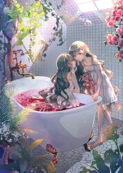 Rule 34 | 2girls, absurdres, barefoot, bathtub, bow, bowtie, chilcy35, clothed bath, commentary request, dress, flower, green hair, highres, holding, holding stuffed toy, imminent kiss, incest, light rays, long hair, looking at another, multiple girls, nature, original, pink flower, pink rose, plant, purple eyes, rose, siblings, sisters, stuffed animal, stuffed toy, teddy bear, tile floor, tiles, twins, very long hair, wavy hair, white dress, yuri
