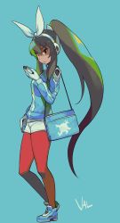 Rule 34 | 1girl, bag, blue background, blue revolver, brown hair, full body, gloves, green hair, hair ribbon, headphones, highres, jacket, pantyhose under shorts, long hair, looking at viewer, multicolored hair, pantyhose, pantyhose under shorts, parted lips, ponytail, red eyes, red pantyhose, ribbon, shorts, simple background, solo, track jacket, two-tone hair, valerie (blue revolver), valerie (woof), very long hair, white gloves, white ribbon, woofycakes