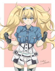 1girl black_gloves blonde_hair blue_eyes blue_shirt breast_pocket breasts collared_shirt gakky gambier_bay_(kancolle) gloves hairband highres kantai_collection large_breasts long_hair looking_at_viewer multicolored_clothes multicolored_hairband multicolored_shorts one-hour_drawing_challenge pink_background pocket shirt shorts solo thighhighs w_arms