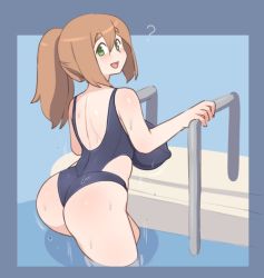 Rule 34 | 1girl, ?, ass, breasts, cleavage, covered erect nipples, huge breasts, kaz (shade), large breasts, long hair, makihara nodoka, partially submerged, ponytail, smile, solo, swimsuit, water