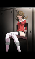Rule 34 | 1girl, absurdres, ahoge, arms behind back, black border, blush, border, bound, bound legs, bound wrists, brown eyes, brown hair, collarbone, creatures (company), crying, crying with eyes open, gagged, game freak, half-closed eyes, highres, indoors, letterboxed, long hair, long sleeves, looking down, low twintails, lyra (pokemon), messy hair, nintendo, panties, pokemon, pokemon hgss, red shirt, shirt, sitting, solo, tears, thighhighs, tsukishiro saika, twintails, underwear, v-shaped eyebrows, white panties, white thighhighs