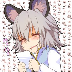 Rule 34 | 1girl, animal ears, blush, drooling, female pervert, grey hair, ishikkoro, mouse ears, nazrin, pervert, photo (object), red eyes, saliva, short hair, simple background, solo, touhou, translation request