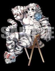 Rule 34 | 1boy, abs, acrylic stand, animal ears, arknights, armpit hair, armpit peek, bara, black background, black male swimwear, blue eyes, bulge, chair, electric fan, facial hair, feet, full body, furry, furry male, goatee, hand fan, highres, holding, holding fan, large pectorals, male focus, male swimwear, mature male, mountain (arknights), muscular, muscular male, navel, nipples, pectorals, ppyong, sample watermark, scar, scar across eye, scar on arm, scratching head, short hair, sitting, soles, solo, stomach, summer, sweat, swim briefs, tail, tail raised, thick eyebrows, thighs, tiger boy, tiger ears, tiger tail, toes, tongue, tongue out, topless male, very sweaty, watermark, white hair