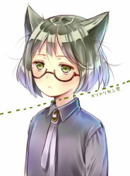 Rule 34 | 1girl, :&lt;, animal ears, bad id, bad pixiv id, blush, cat ears, dotted line, glasses, green eyes, green hair, hanekoto, matching hair/eyes, original, short hair, simple background, solo, white background