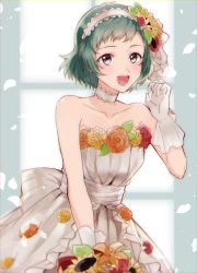 Rule 34 | ari (bleum), bow, bride, dress, farah oersted, floral dress, gloves, green hair, hair bow, highres, petals, see-through, short hair, smile, solo, tales of (series), tales of eternia, wedding dress, white dress, white gloves