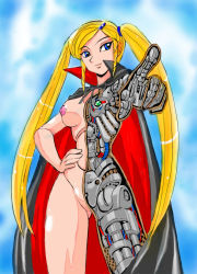 Rule 34 | 1girl, android, artist request, blonde hair, breasts, cape, circuits, cyborg, female focus, gamia q, long hair, mazinger (series), mazinger z, naked cape, nipples, nude, pussy, robot, solo, twintails, very long hair