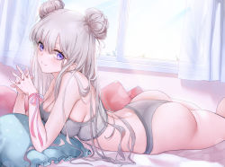 Rule 34 | 1girl, ass, bare arms, bare shoulders, breasts, camisole, cleavage, crop top, curtains, double bun, emyo, grey hair, grey panties, interlocked fingers, large breasts, long hair, looking at viewer, lying, on bed, on stomach, original, panties, pillow, purple eyes, smile, solo, spaghetti strap, strap gap, underwear, underwear only, window