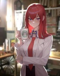Rule 34 | 1girl, absurdres, alternate eye color, blurry, blurry background, breasts, coat, coffee mug, commentary, cup, english commentary, frown, hair between eyes, highres, kalle21, lab coat, long hair, looking at viewer, makise kurisu, medium breasts, mug, necktie, purple eyes, red hair, red necktie, shirt tucked in, skirt, solo, starbucks, steins;gate, sunlight, upper body, white coat, wing collar