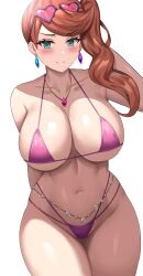 Rule 34 | 1girl, absurdres, bare shoulders, bikini, blush, breasts, brown hair, cleavage, closed mouth, collarbone, cowboy shot, creatures (company), eyewear on head, game freak, green eyes, hand up, heart, heart-shaped eyewear, highres, jasony, jewelry, large breasts, long hair, looking at viewer, navel, necklace, nintendo, pokemon, pokemon swsh, purple bikini, side ponytail, sideboob, simple background, smile, sonia (pokemon), stomach, sunglasses, swimsuit, thighs, underboob, white background
