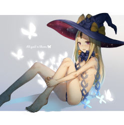 Rule 34 | 1girl, abigail williams (fate), abigail williams (second ascension) (fate), arm around leg, ass, barefoot, black panties, blonde hair, blush, bow, breasts, bug, butterfly, character name, commentary request, fate/grand order, fate (series), feet, foot out of frame, hat, hat bow, highres, insect, keyhole, kou (kuma eni), long hair, looking at viewer, orange bow, panties, parted bangs, polka dot, polka dot bow, sitting, small breasts, solo, topless, underwear, witch hat