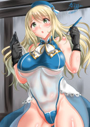 Rule 34 | 10s, 1girl, adapted costume, atago (kancolle), bad anatomy, bare shoulders, beret, black gloves, blonde hair, breasts, dated, gloves, green eyes, hair between eyes, hat, holding, holding pen, kantai collection, kasugano tobari, large breasts, long hair, military, military uniform, open mouth, signature, solo, uniform
