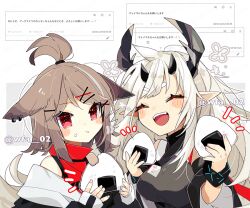 Rule 34 | 2girls, animal ears, arknights, artist name, blush, brown hair, closed eyes, closed mouth, commentary request, cutter (arknights), demon girl, demon horns, eating, food, fox ears, fox girl, hair ornament, hairclip, holding, holding food, horns, infection monitor (arknights), itsuki 02, long hair, matoimaru (arknights), multiple girls, notice lines, onigiri, open mouth, pointy ears, red eyes, short eyebrows, short hair, teeth, thick eyebrows, twitter username, upper teeth only, white hair