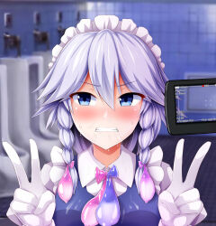 Rule 34 | 1girl, annoyed, blue eyes, blue vest, blush, braid, clenched teeth, closed mouth, collared shirt, commentary request, condom, cum, cum on clothes, double v, gloves, grey hair, highres, izayoi sakuya, looking to the side, maid headdress, monaka (gatinemiku), saliva, shirt, short hair, sweat, teeth, toilet, touhou, twin braids, used condom, v, v-shaped eyebrows, vest, video camera, viewfinder, white gloves, white shirt