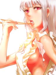 Rule 34 | 1girl, agohige x, apron, bad id, bad pixiv id, breasts, chopsticks, idolmaster, idolmaster (classic), looking at viewer, naked apron, open mouth, pink eyes, shijou takane, sideboob, solo, white hair