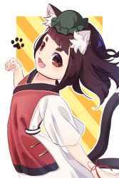 Rule 34 | 1girl, alternate costume, animal ears, bad id, bad pixiv id, blush, brown eyes, brown hair, cat ears, chen, cowboy shot, dress, earrings, fang, flat chest, from side, green hat, hat, highres, jewelry, multiple tails, open mouth, paw pose, paw print, red ribbon, red tabard, ribbon, short eyebrows, short hair, short sleeves, single earring, slit pupils, solo, striped, striped background, suguni, swept bangs, tabard, tail, thick eyebrows, touhou, two-tone background, two tails, white background, white dress, wind, wrist ribbon, yellow background