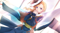Rule 34 | 1girl, alicia (schrdingerscat), azur lane, blonde hair, blue capelet, blue eyes, capelet, commentary, commentary request, earrings, hat, hood (azur lane), jewelry, long hair, looking at viewer, own hands together, smile, solo, sunlight, union jack