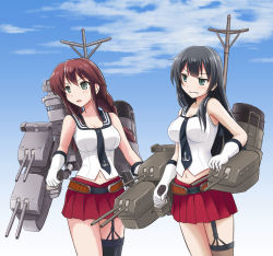 Rule 34 | 10s, 2girls, agano (kancolle), anchor symbol, asymmetrical legwear, bad id, bad pixiv id, bare shoulders, black hair, blue sky, braid, breasts, brown hair, day, gloves, green eyes, grin, kantai collection, large breasts, long hair, midriff, miniskirt, multiple girls, neckerchief, noshiro (kancolle), pleated skirt, red skirt, sailor collar, skirt, sky, smile, spaghe (kyoumospaghe), twin braids, uneven legwear, white gloves