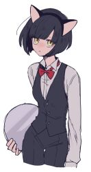 Rule 34 | 1girl, animal ear hairband, animal ears, black hair, bow, bowtie, cat ear hairband, cat ears, cropped legs, expressionless, fake animal ears, hairband, holding, holding tray, long sleeves, looking at viewer, maco22, original, short hair, solo, thigh gap, traditional bowtie, tray, vest, yellow eyes