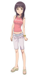 Rule 34 | 1girl, belt, bracelet, breasts, brown eyes, casual, face, female focus, highres, itsuwa, jewelry, long legs, midriff, navel, necklace, purple hair, sandals, short hair, smile (rz), solo, standing, toaru majutsu no index