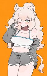 Rule 34 | 010mzam, 1girl, alternate costume, animal ears, bare shoulders, blue eyes, blush, casual, collarbone, cowboy shot, crop top, dolphin shorts, grey shorts, grey sweater, hair between eyes, highres, kemono friends, lion ears, lion girl, lion tail, long hair, looking at viewer, midriff, navel, off-shoulder sweater, off shoulder, one eye closed, rubbing eyes, shirt, short shorts, shorts, sidelocks, solo, spaghetti strap, sweater, tail, white hair, white lion (kemono friends), white shirt