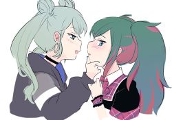 Rule 34 | 2girls, aqua nails, black jacket, blush, choker, colored tips, commentary, double bun, dual persona, earrings, from side, green hair, hair bun, half-closed eyes, hand on another&#039;s chin, hatsune miku, hood, hooded jacket, hoop earrings, jacket, jewelry, leo/need miku, light green hair, long hair, looking at another, multicolored hair, multiple girls, nabetabetainone, nail polish, open mouth, plaid collar, project sekai, red hair, selfcest, short sleeves, twintails, two-tone hair, vivid bad squad miku, vocaloid, white background, wrist cuffs, yuri
