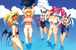 Rule 34 | 5girls, angel wings, animal ears, arms up, ass, ball, bikini, blonde hair, blue eyes, blush, breasts, brown eyes, rabbit ears, cleavage, cloud, day, demon, demon girl, demon tail, demon wings, earrings, covered erect nipples, eyewear on head, fang, flat chest, food, front-tie top, goggles, goggles on head, groin, hand on own hip, headband, heart, heart earrings, hip focus, horns, huge breasts, ice cream, jewelry, large breasts, long hair, looking at viewer, multiple girls, navel, necklace, ocean, one-piece swimsuit, open mouth, original, pink hair, polearm, popsicle, red eyes, ryoji (nomura ryouji), side-tie bikini bottom, sideboob, sky, smile, spear, squid, star (symbol), submerged, sunglasses, swimsuit, tail, twintails, wading, water, weapon, wet, white hair, wings, yellow eyes